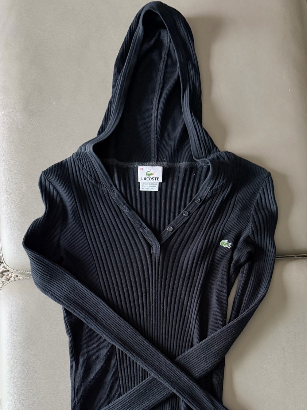 Lacoste Women's Black Ribbed V-Neck Hoodie Sweater with Green Croc